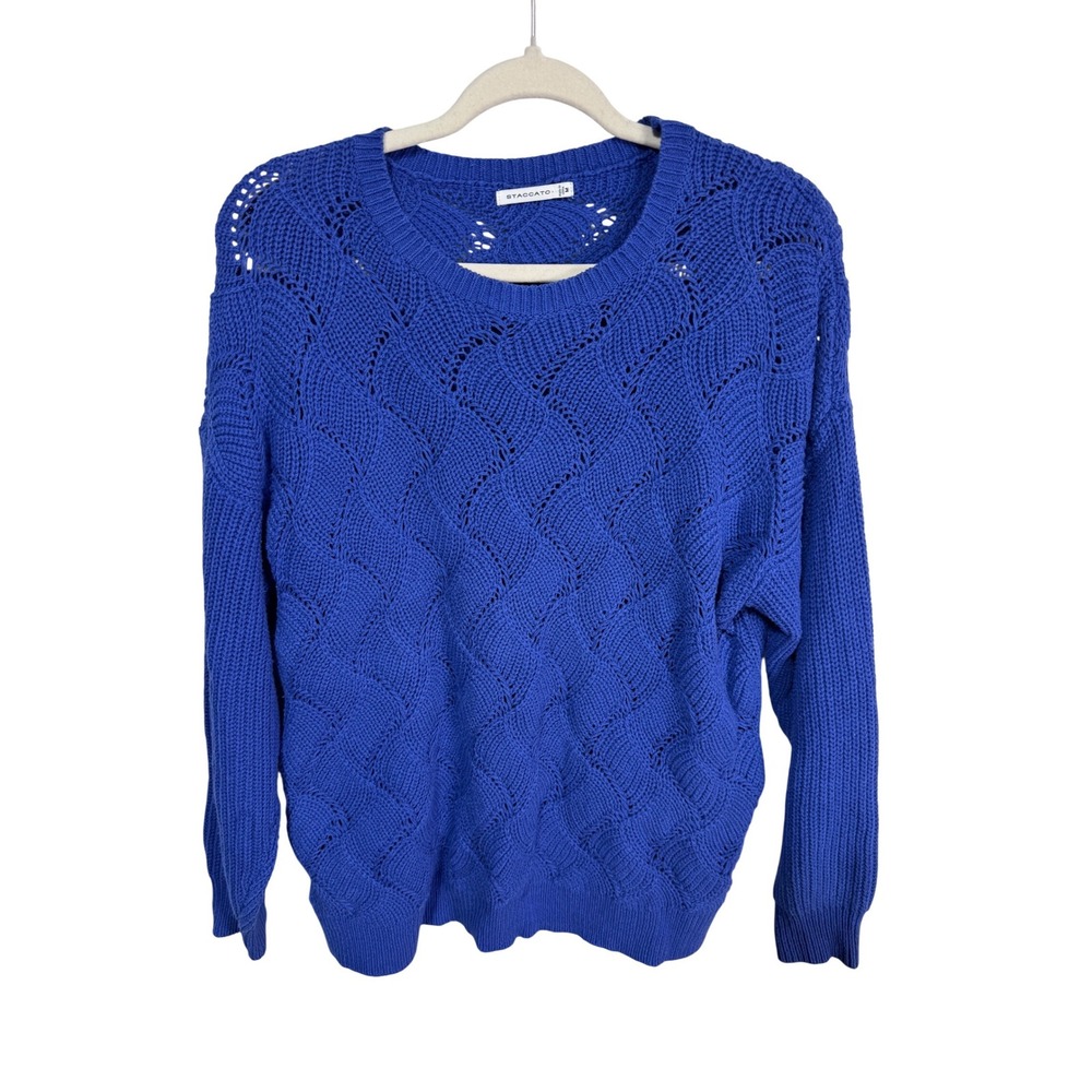 Staccato M Blue Crochet Knit Sweater Women's‎ Long Sleeve Pointelle Boho